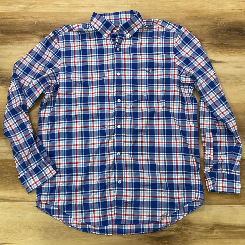 Vineyard Vines Tucker Shirt Size L Performance Plaid Classic Fit Blue Red White